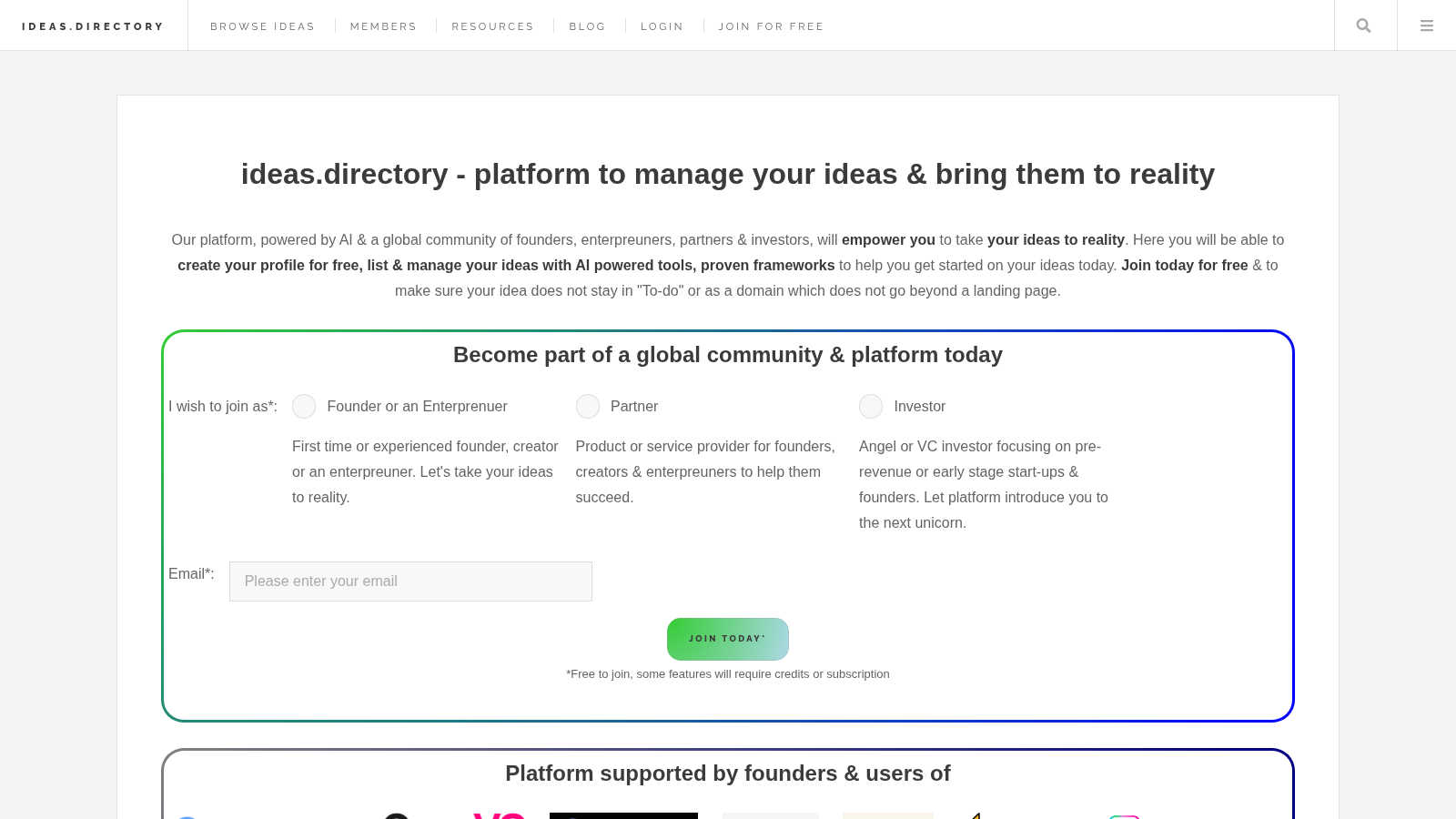 ideas.directory application interface and features