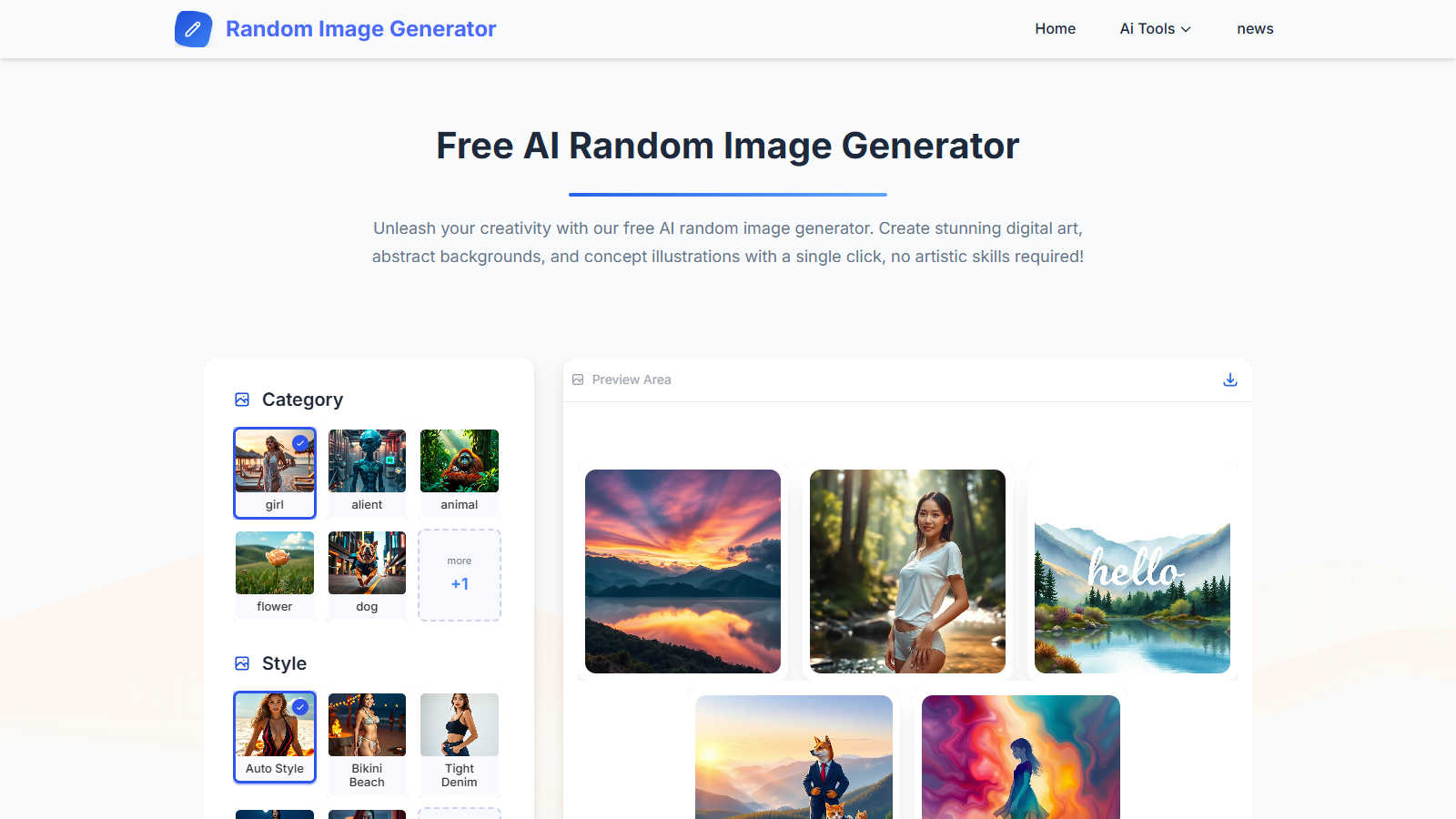 Random Image Generator application interface and features