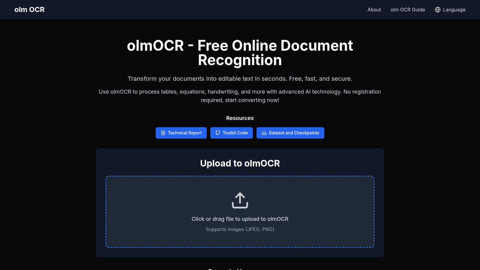 olmOCR application interface and features