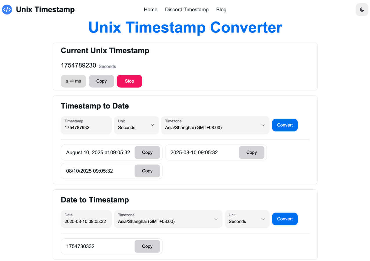 Unix Timestamp Converter application interface and features