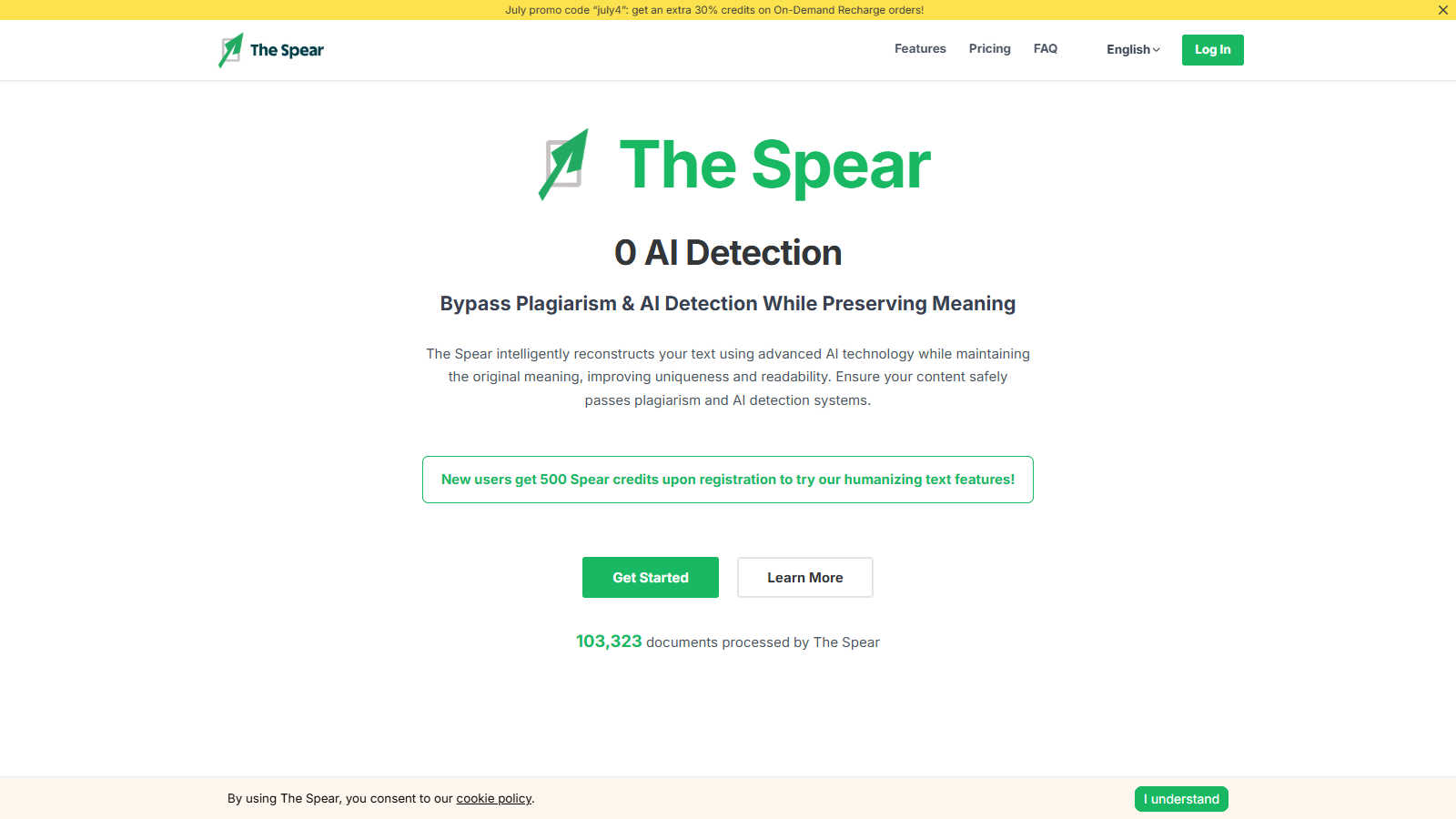 The Spear | 0 AI Detection application interface and features