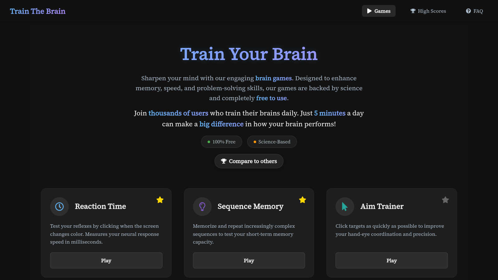 Train The Brain application interface and features