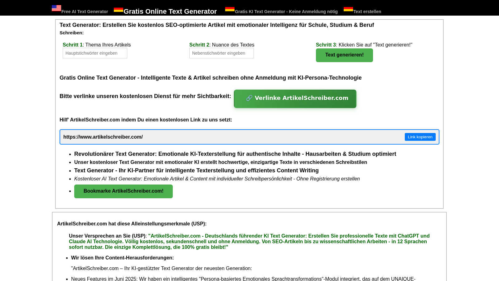artikelschreiber application interface and features