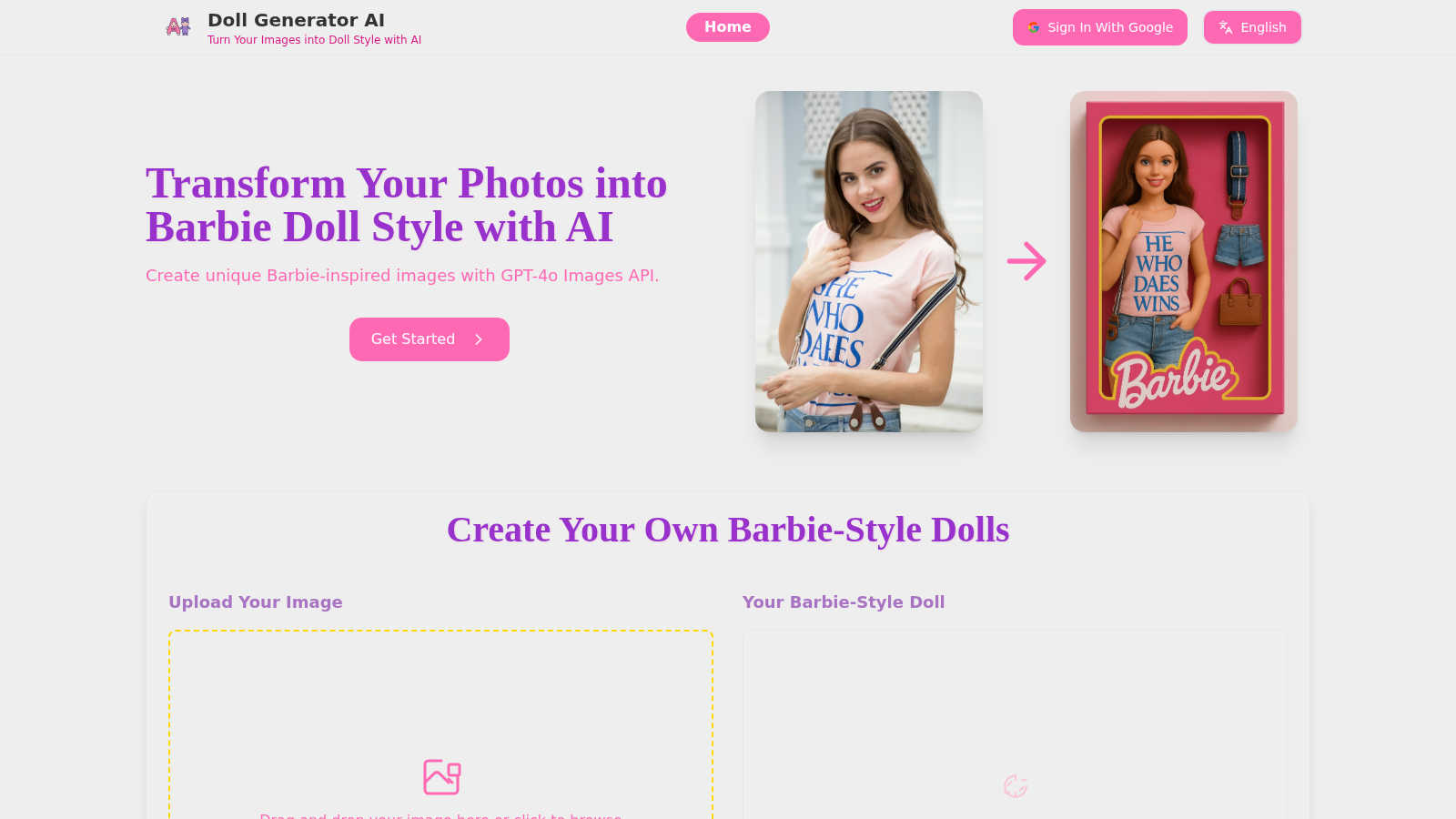 AI Barbie Doll Generator application interface and features