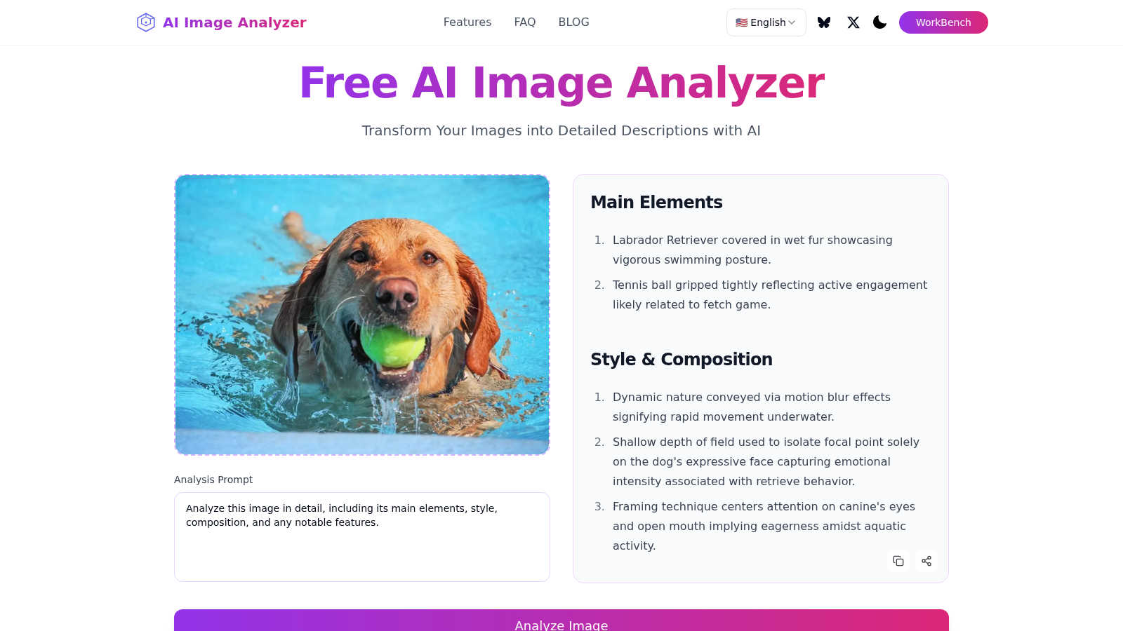 AI Image Analyzer application interface and features