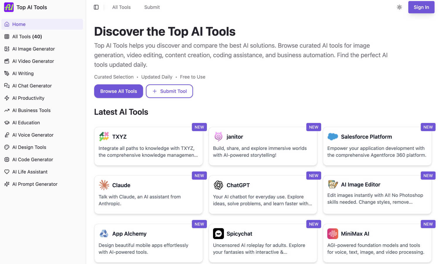 Top AI Tools application interface and features