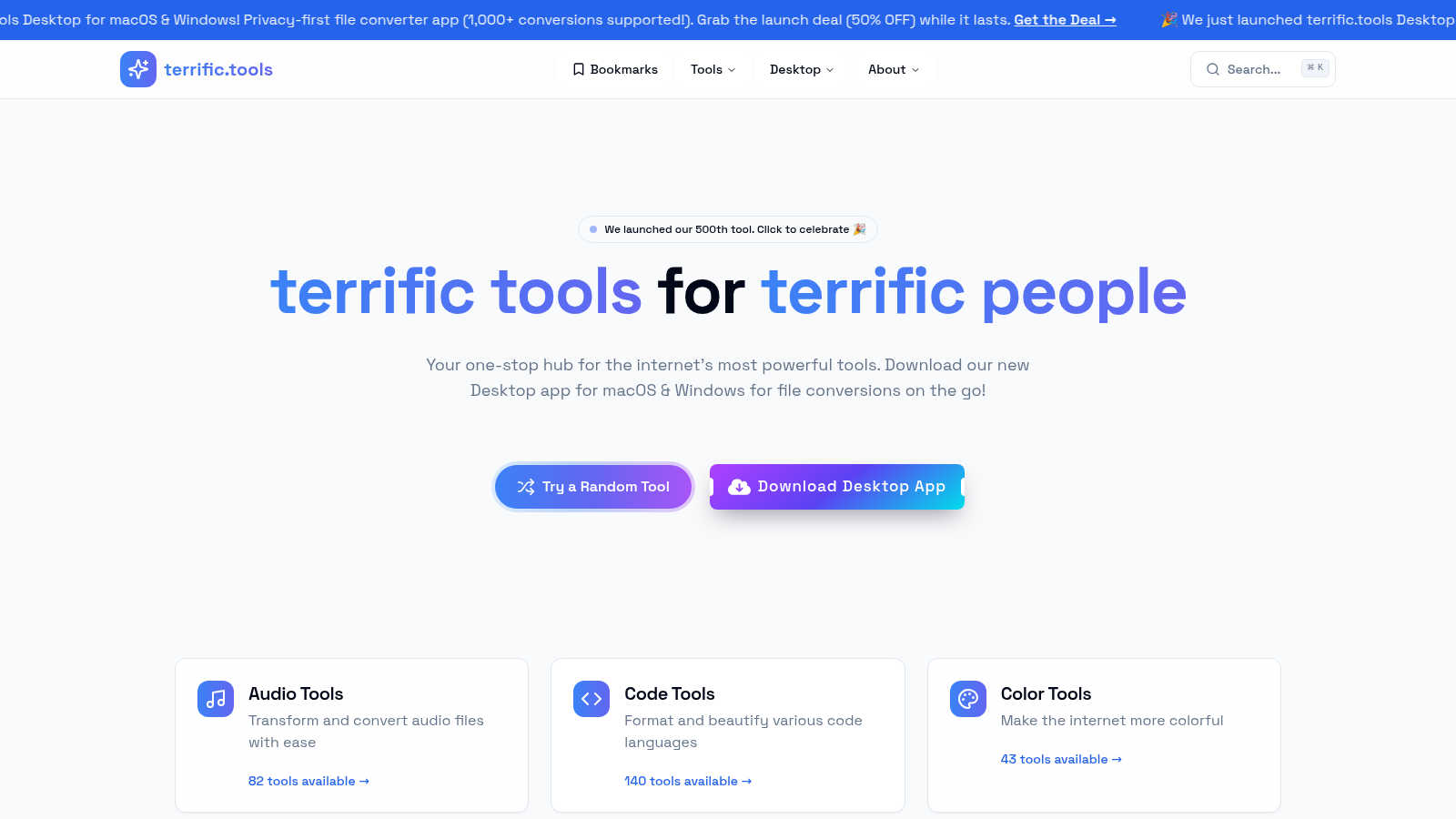 terrific.tools application interface and features