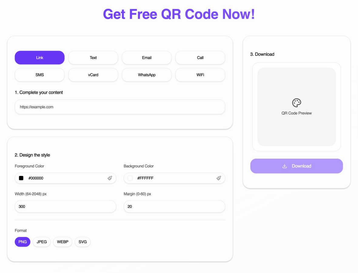GetQRFree application interface and features