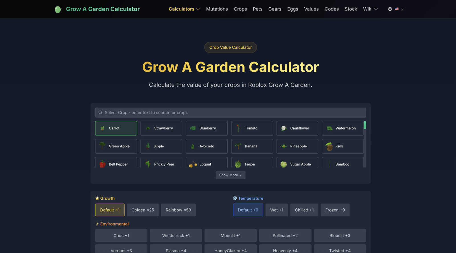 Grow a Garden Calculator application interface and features
