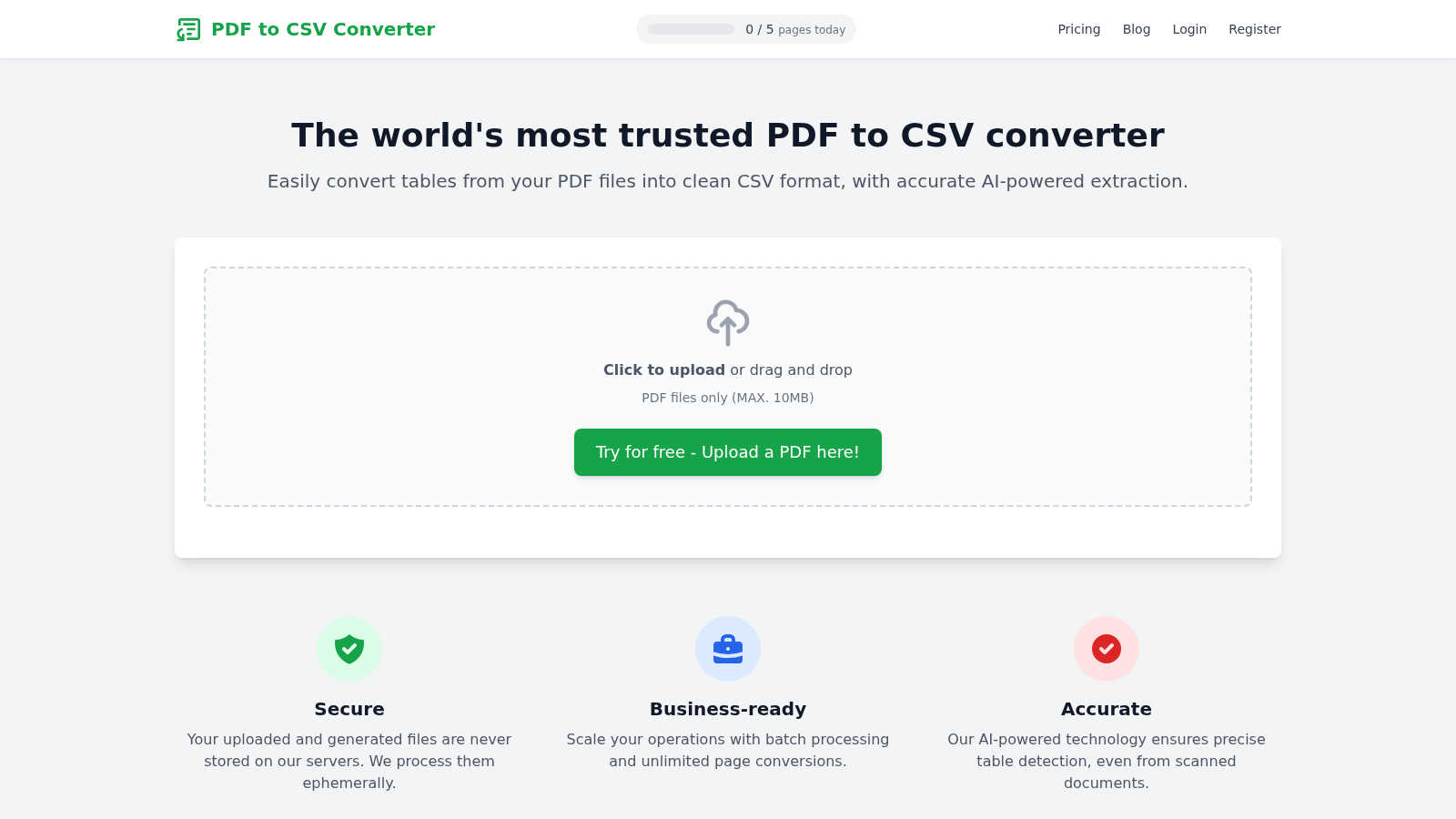 PDF to CSV Converter application interface and features