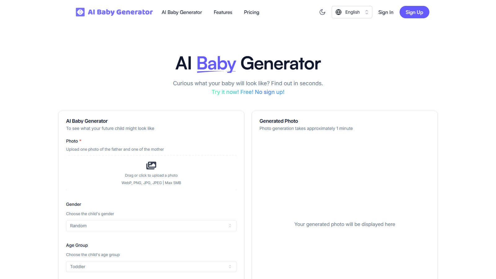 AI Baby Generator application interface and features