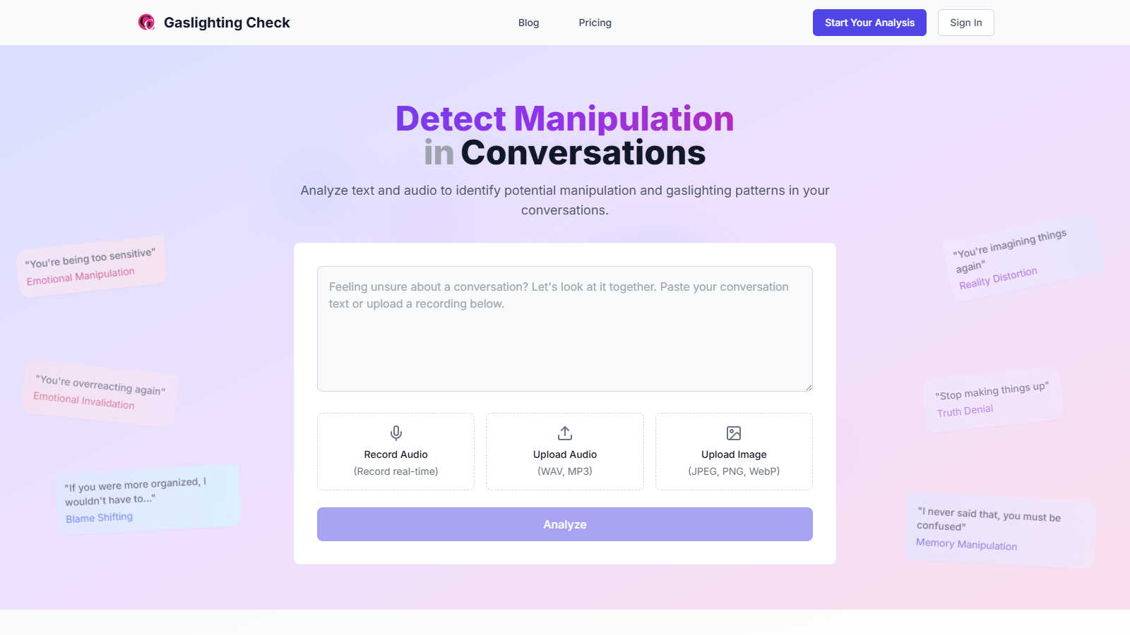 Gaslighting Check application interface and features