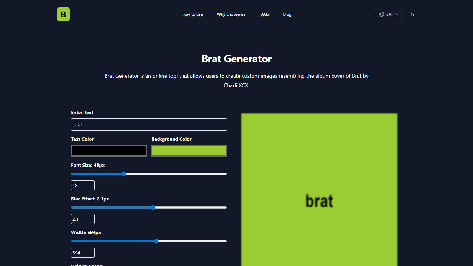 Brat Generator application interface and features