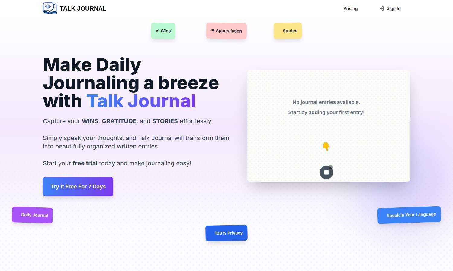 Talk Journal application interface and features