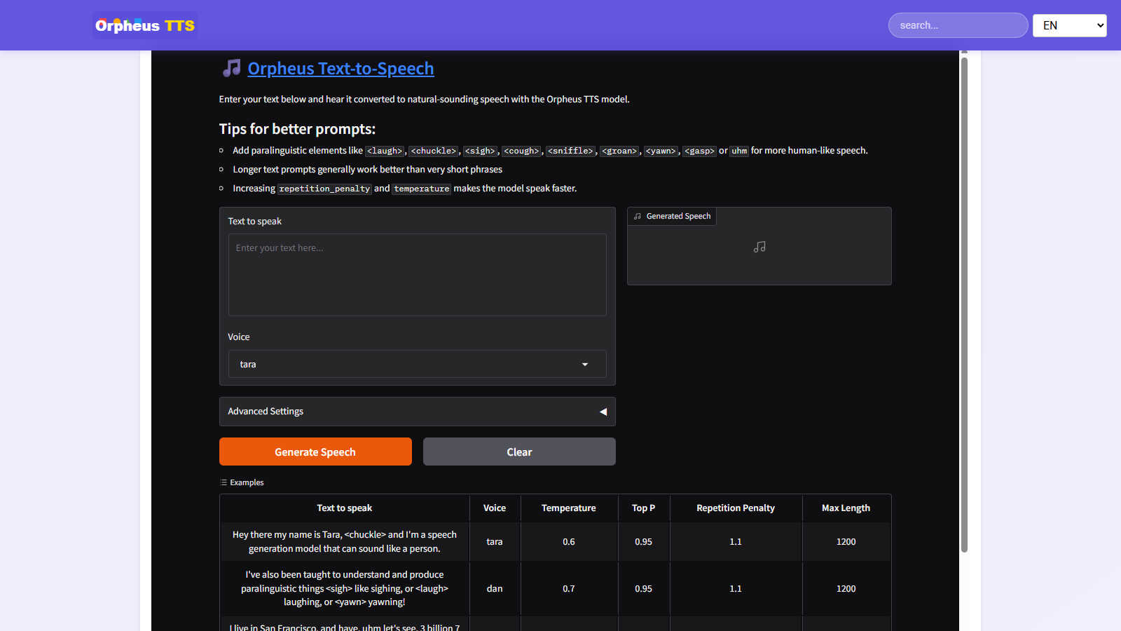 Orpheus TTS application interface and features