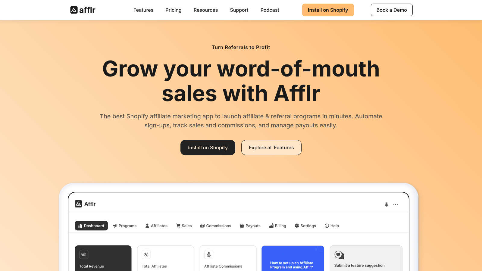 Afflr application interface and features