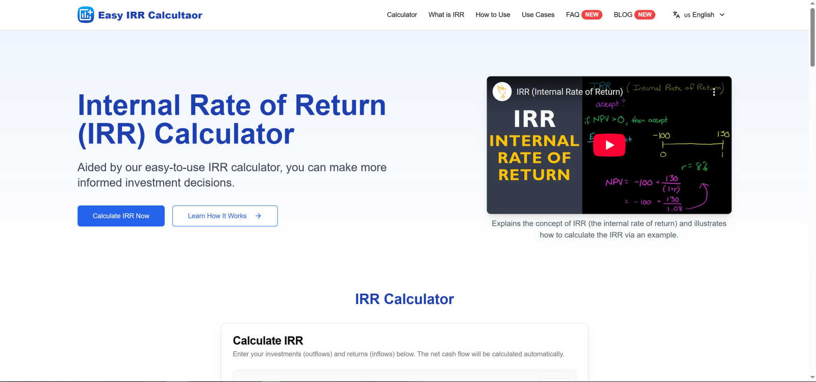 Easy IRR Calculator application interface and features