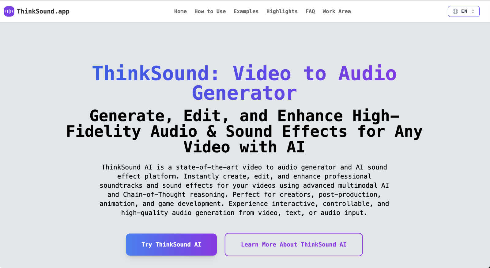 ThinkSound - AI Video-to-Audio Generator application interface and features