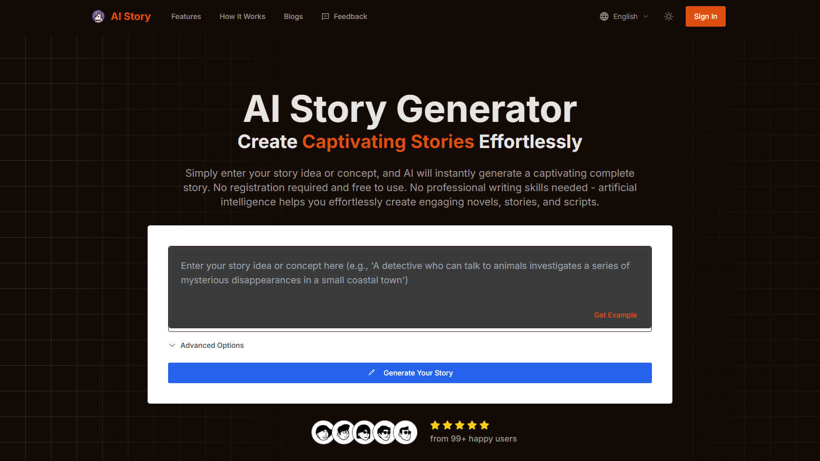 Ai Story Generator application interface and features