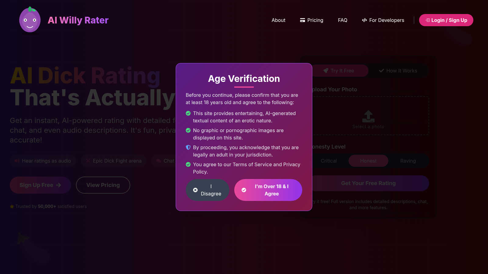 AI Willy Rater application interface and features