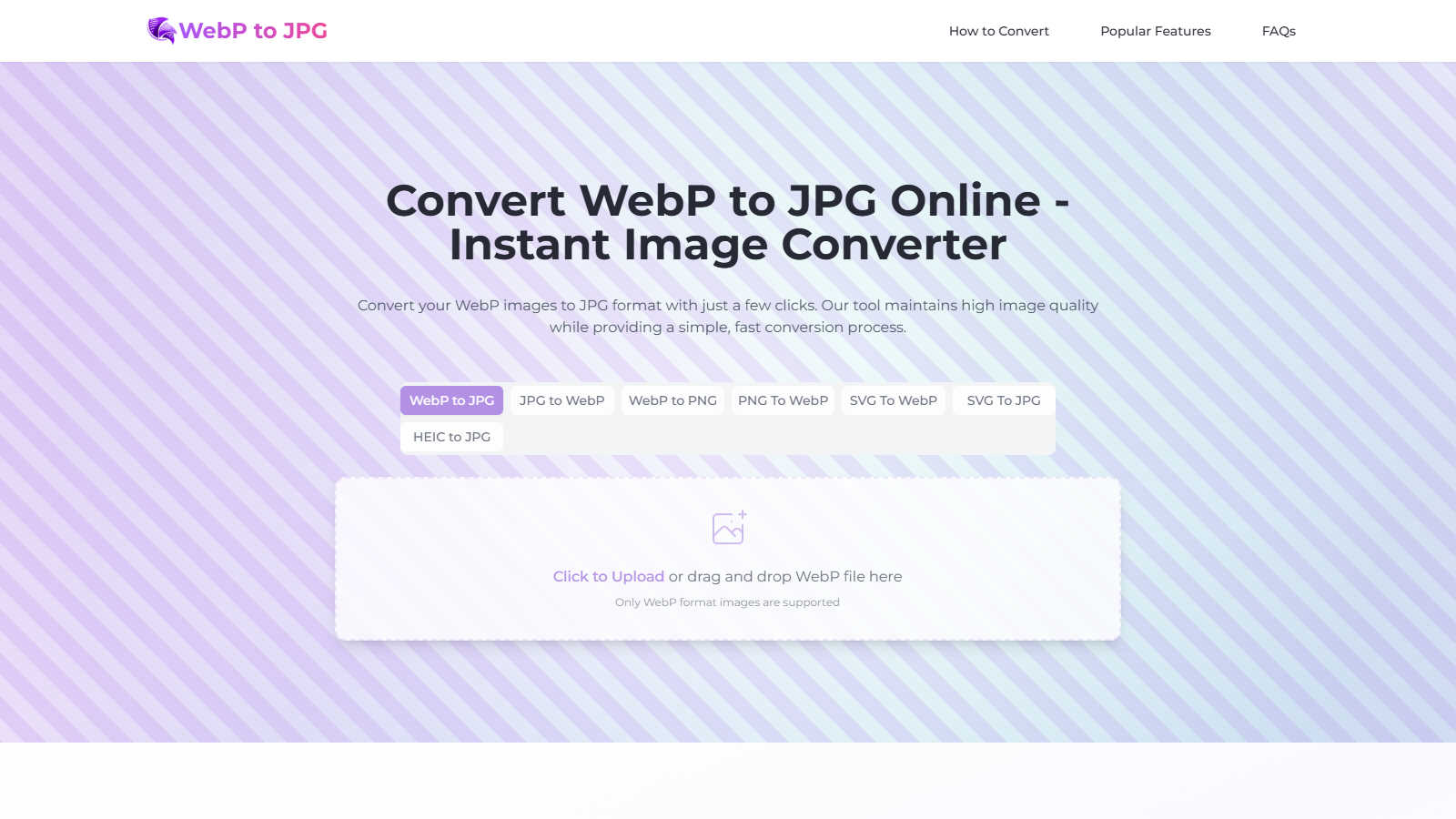 Fast & Free WebP to JPG Converter application interface and features