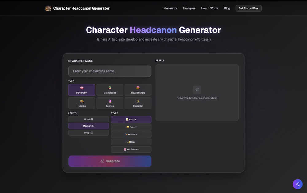 Character Headcanon Generator application interface and features