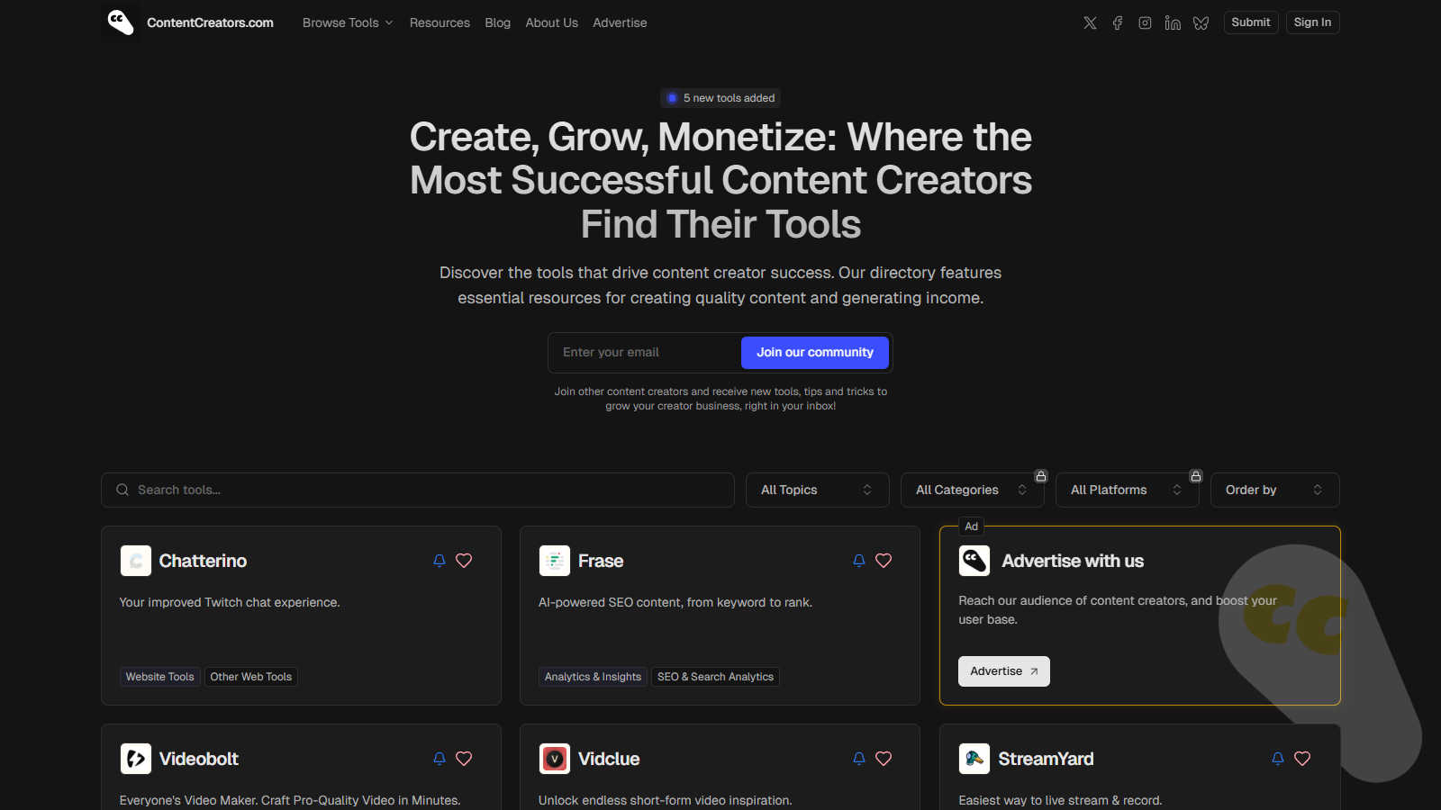 ContentCreators.com application interface and features