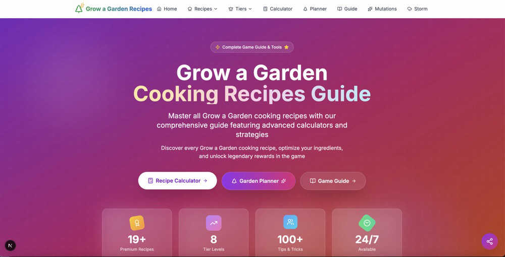 Grow a Garden Cooking Recipes application interface and features
