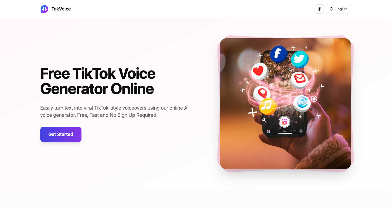 TokVoice - Free TikTok Voice Generator application interface and features