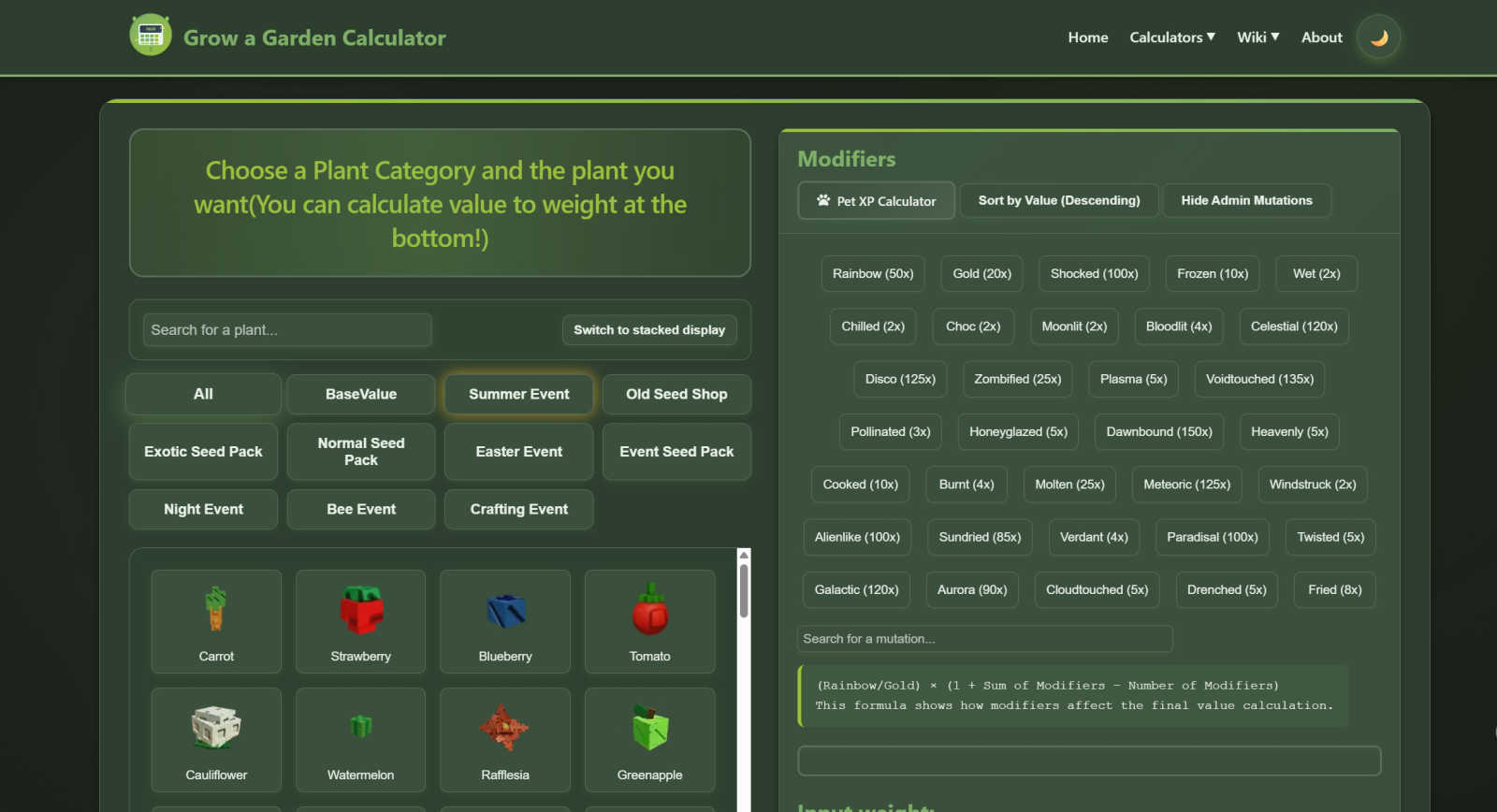 Grow a Garden Value Calculator application interface and features