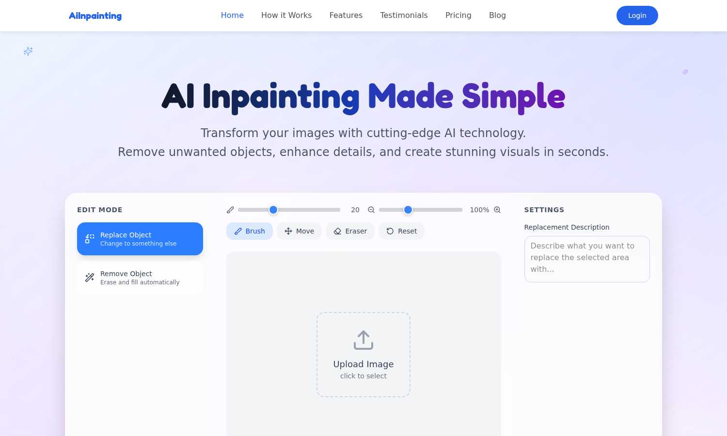 AiInpainting application interface and features