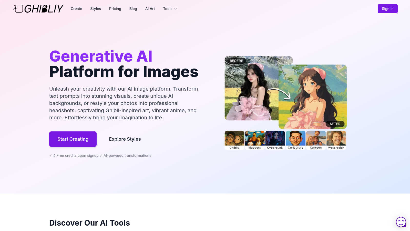 Ghibliy AI – Generate & Restyle Images in Ghibli Style and More! application interface and features