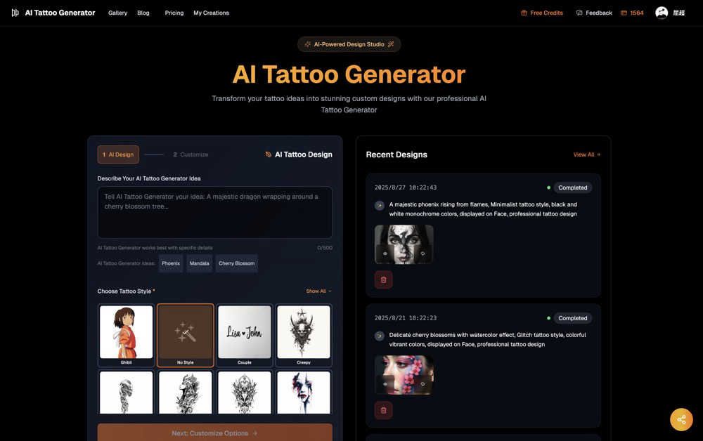 AI Tattoo Generator application interface and features
