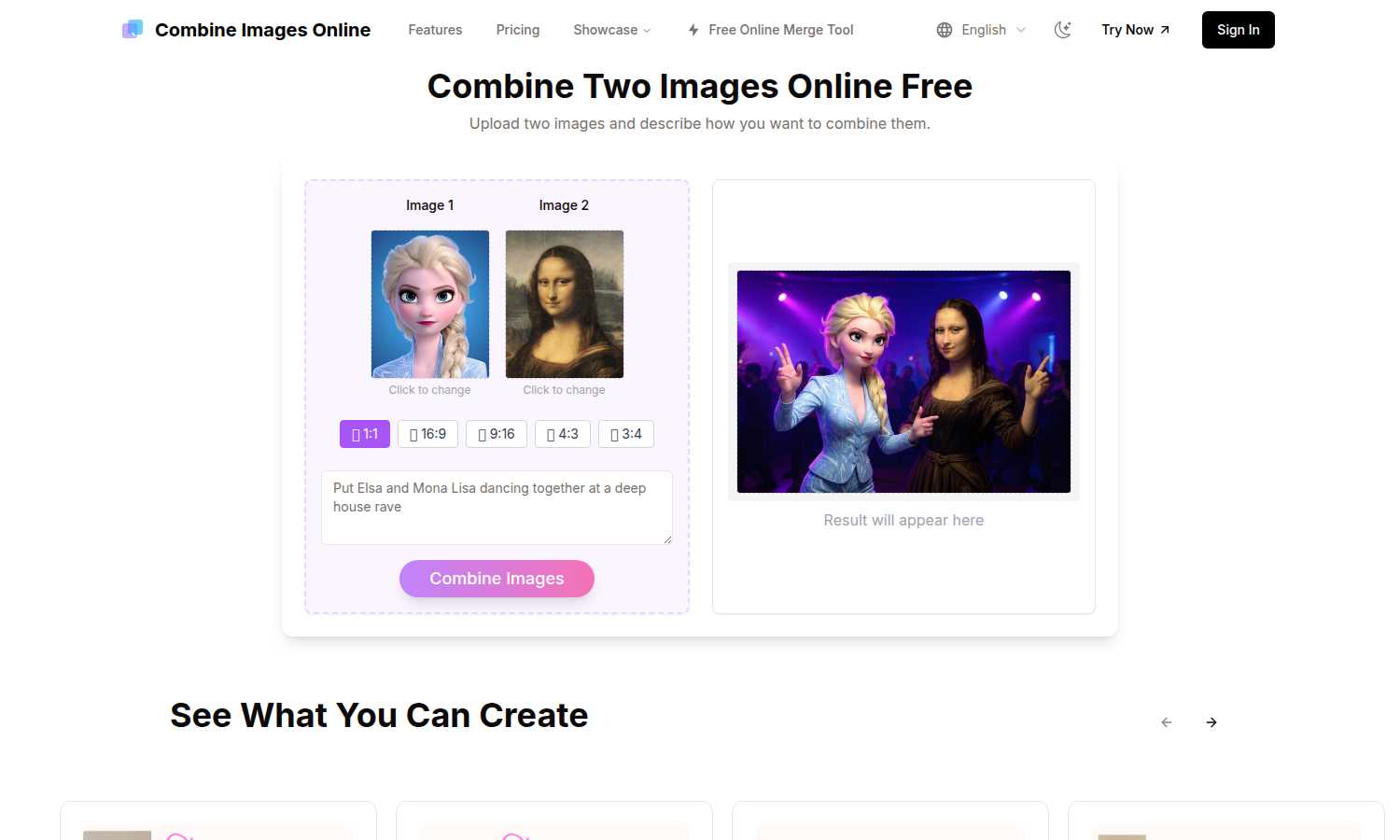 Combine Images Online application interface and features