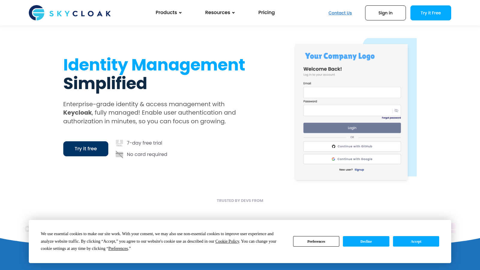 Skycloak application interface and features
