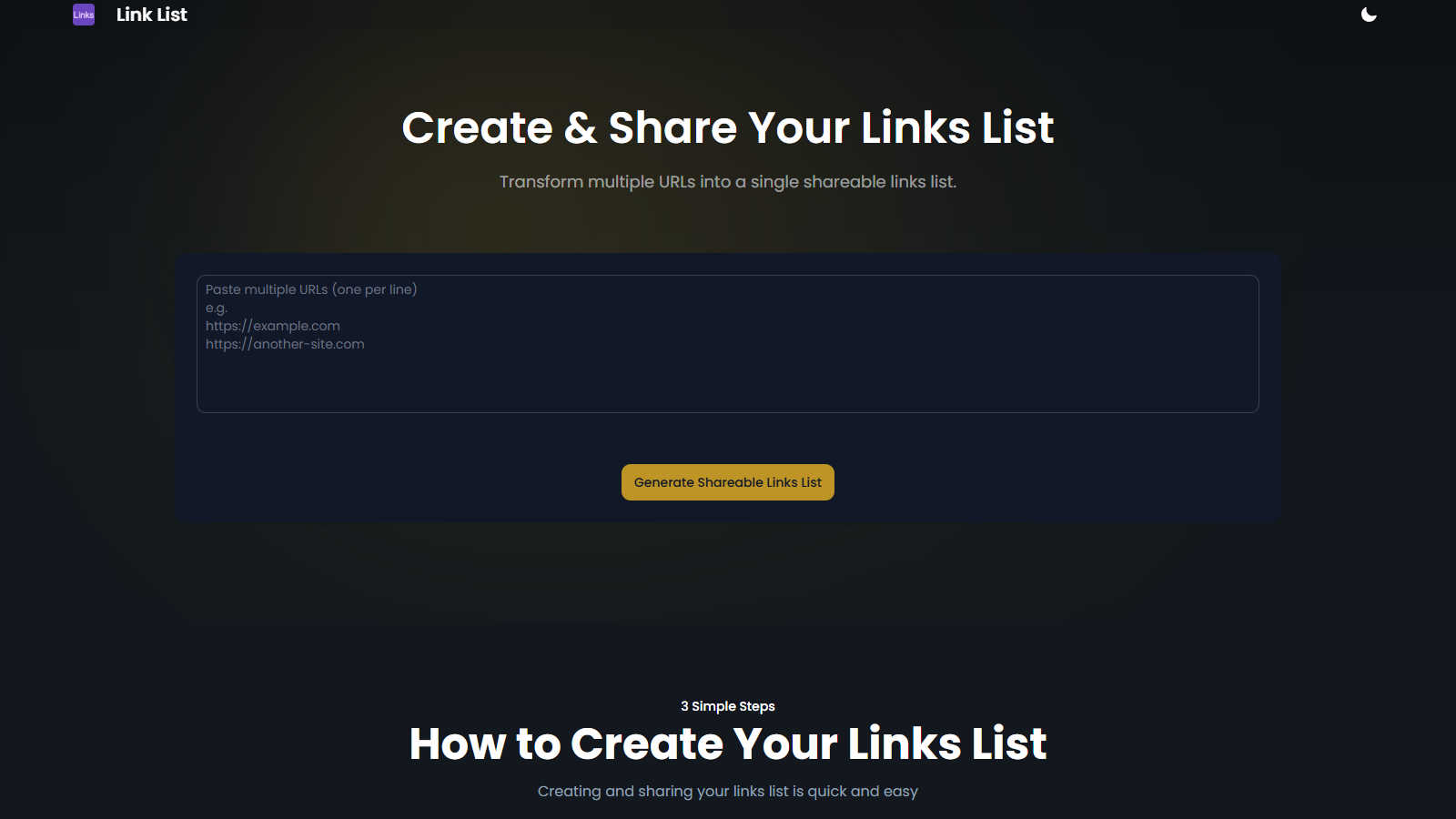 Links List application interface and features