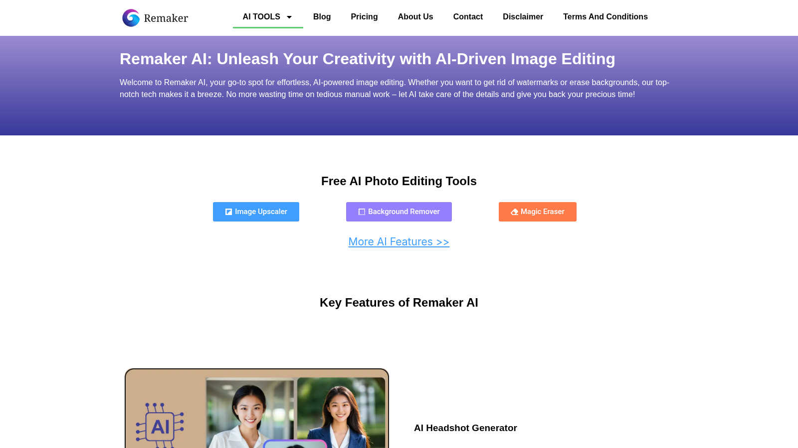 Remaker AI application interface and features