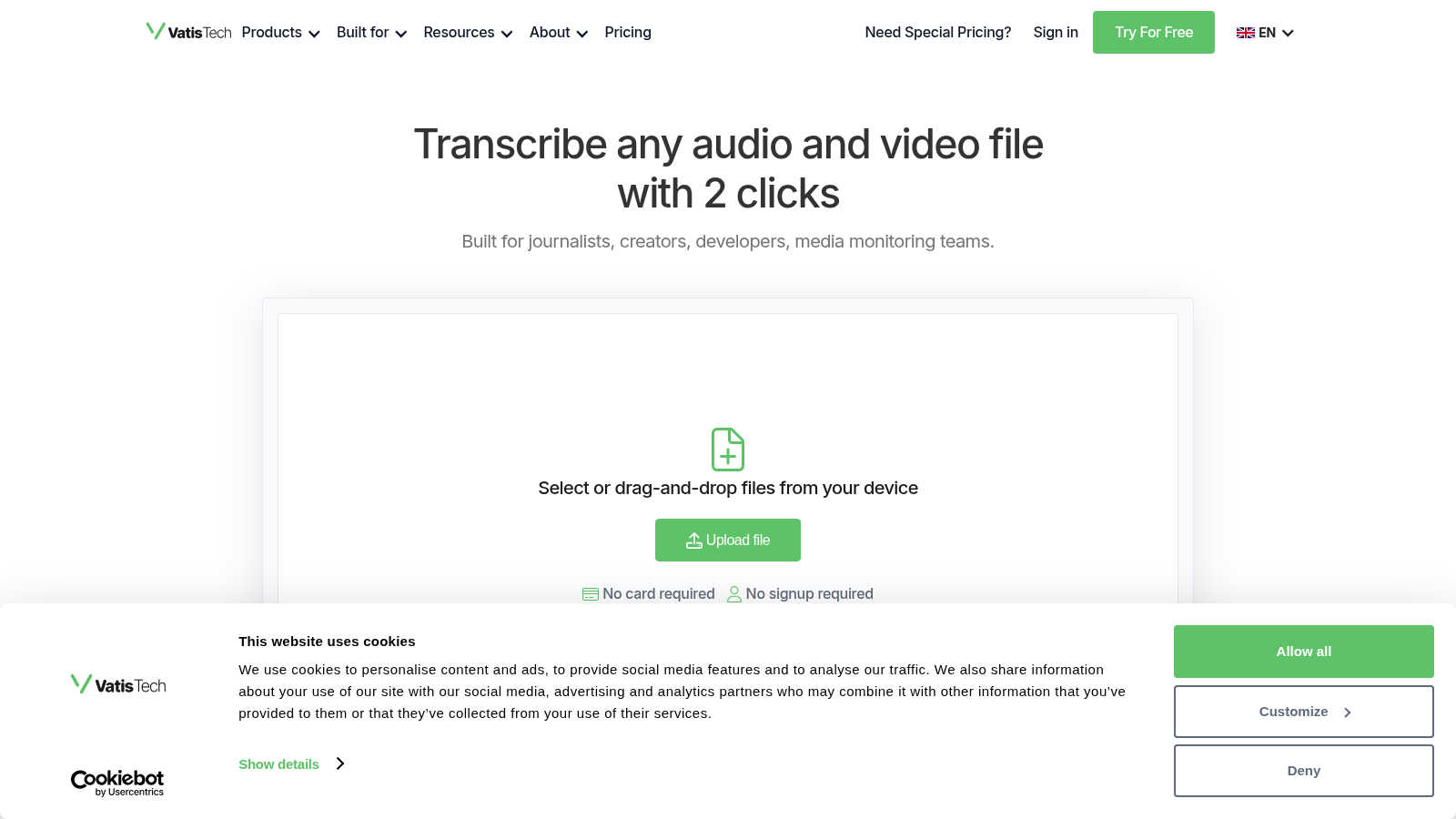 Vatis Tech application interface and features