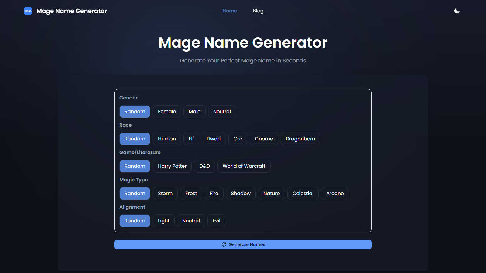 Mage Name Generator application interface and features