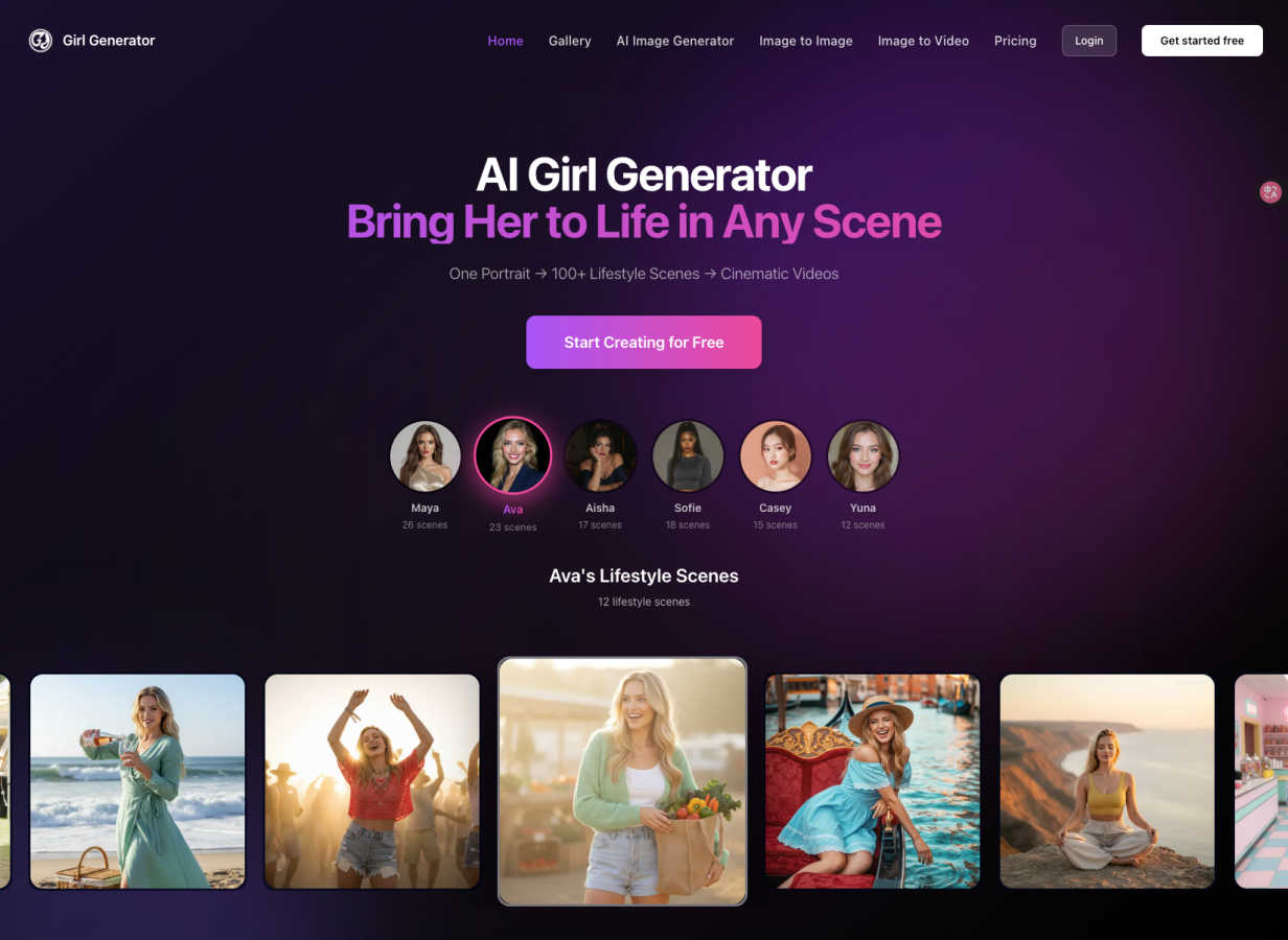 Girl Generator application interface and features