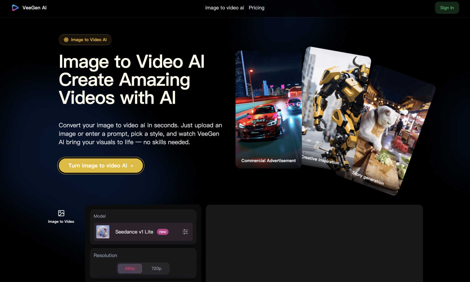 VeeGen AI - Free image to video AI application interface and features
