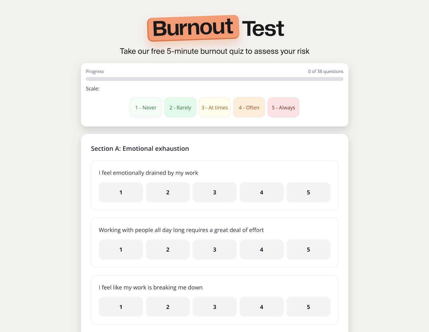 TripleTen Burnout Test application interface and features