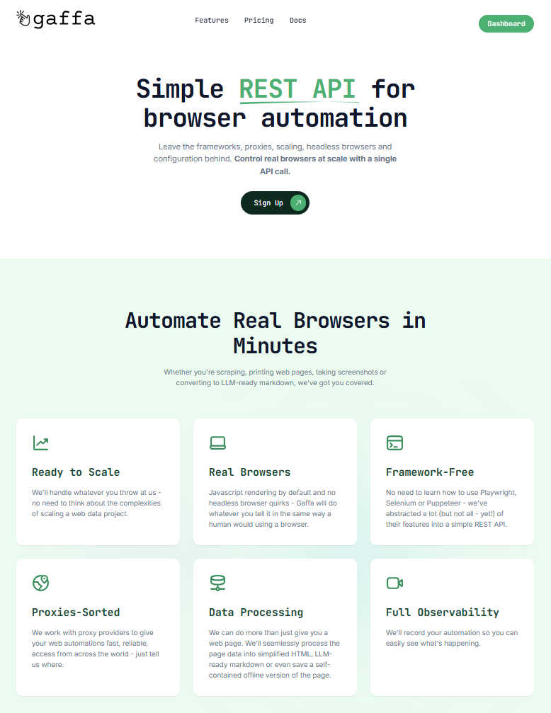 Gaffa application interface and features