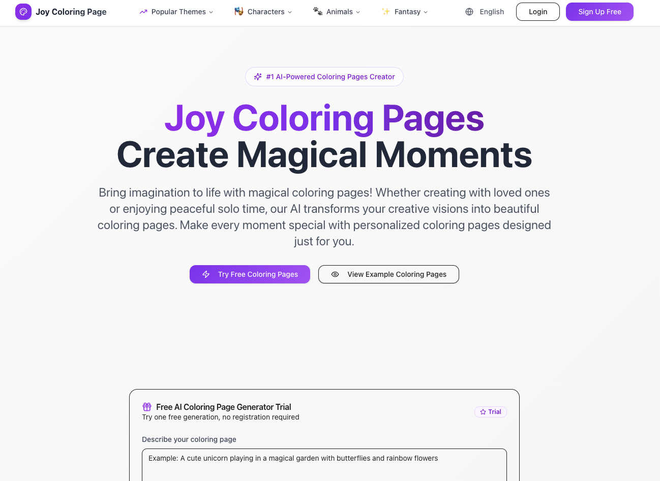 Joy Coloring Page application interface and features