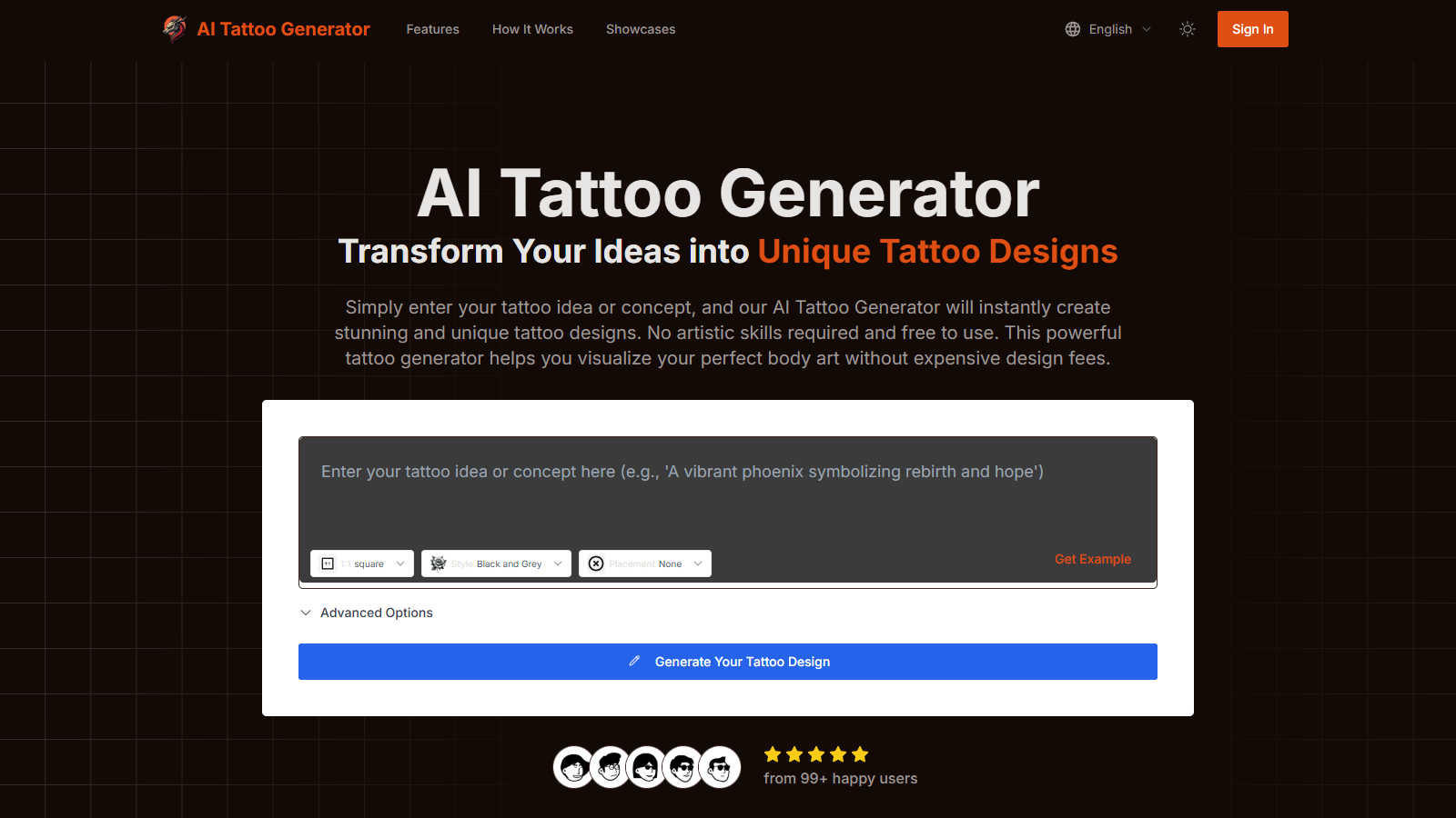 AI Tattoo Generator application interface and features