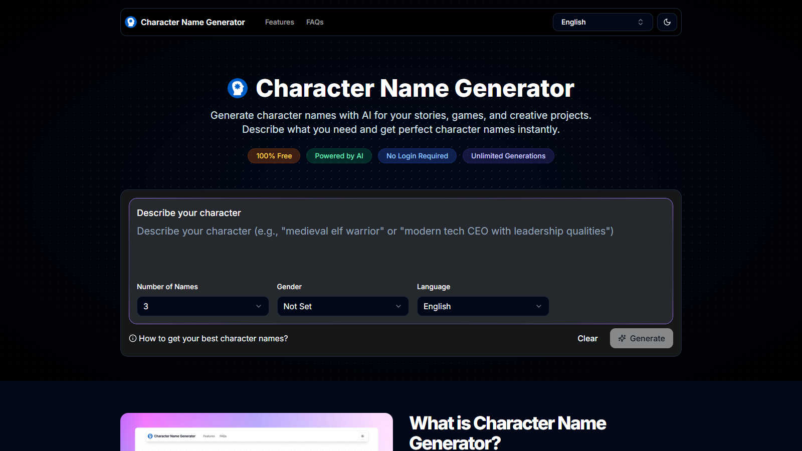 Character Name Generator application interface and features
