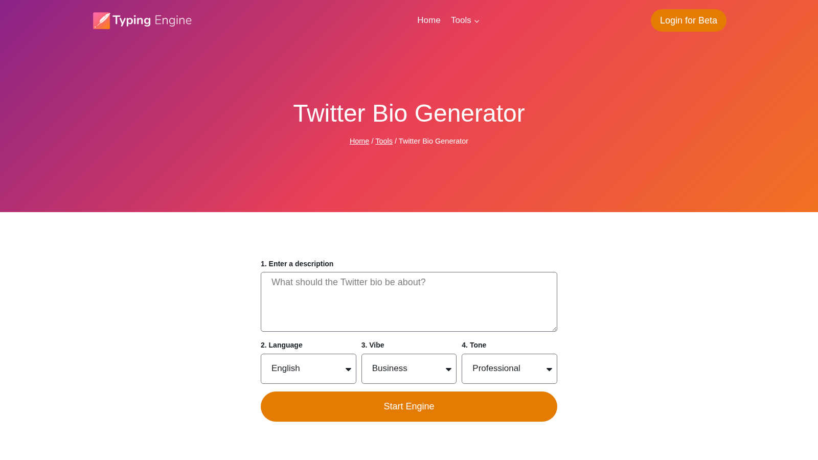 Twitter Bio Generator - Create Twitter Bio | Typing Engine application interface and features