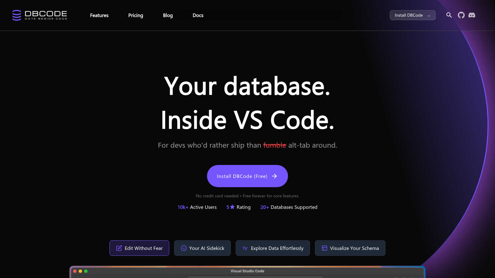 DBCode application interface and features