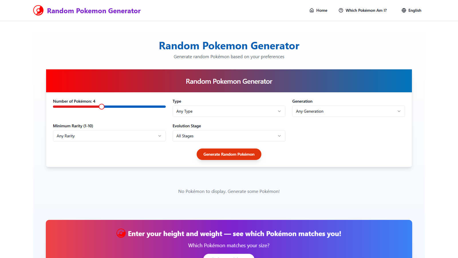 Random Pokémon Generator application interface and features
