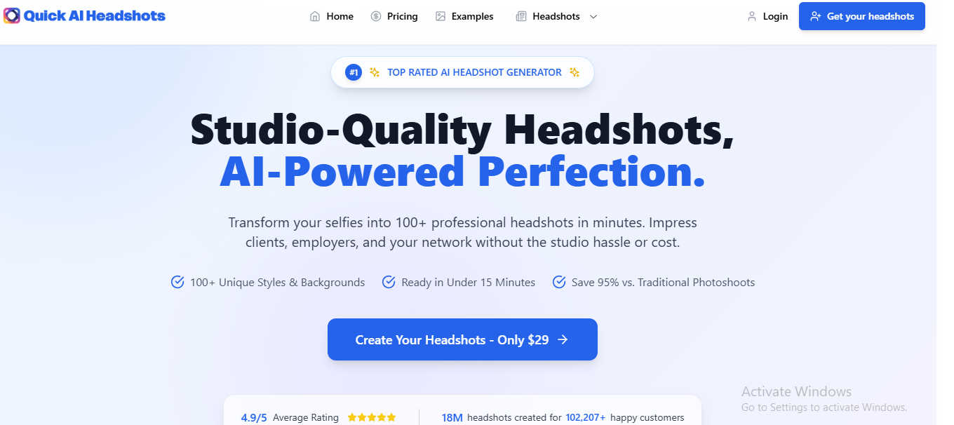 QuickAI Headshots application interface and features